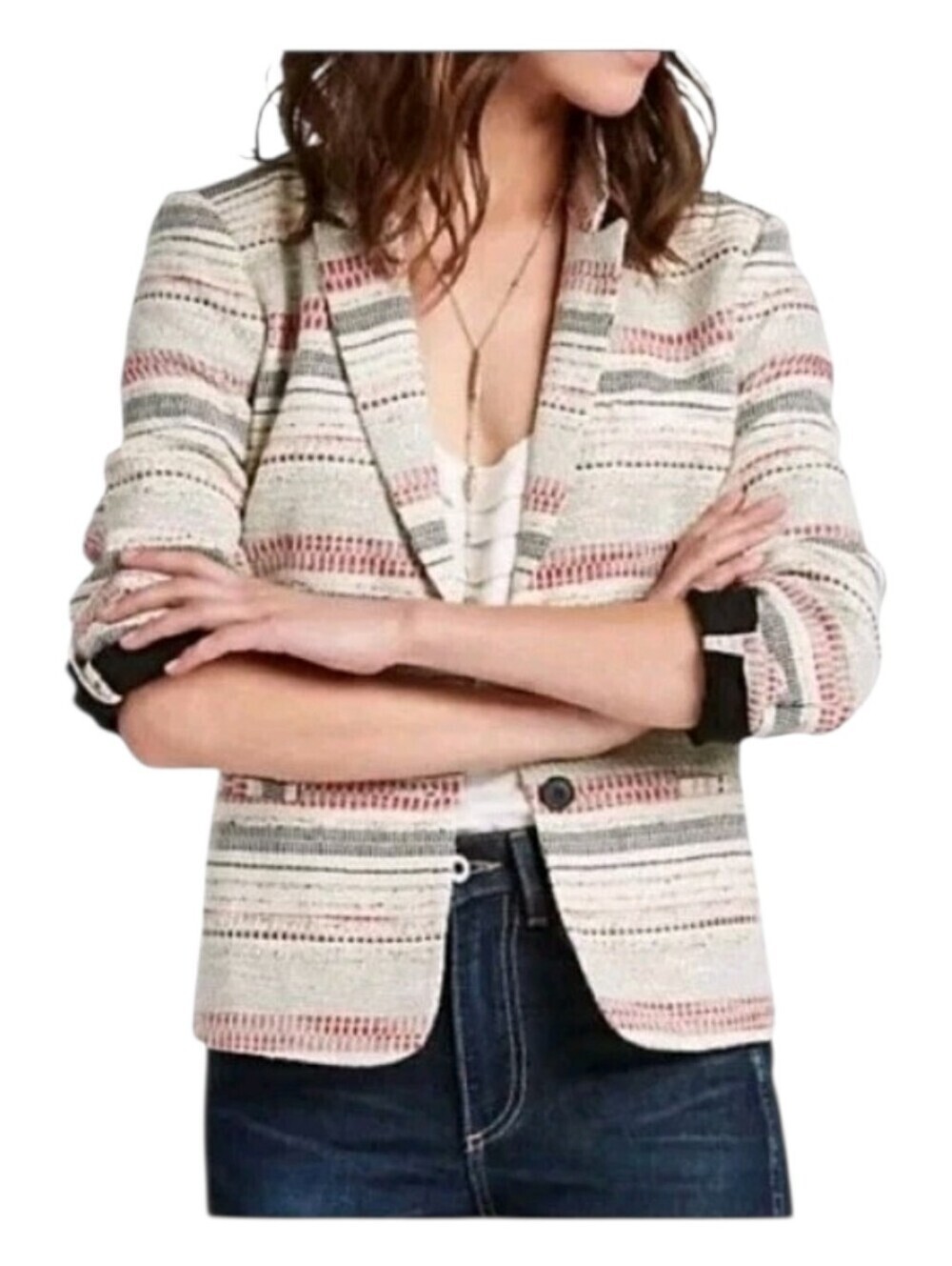Lucky Brand Womens Striped Textured Tweed Schoolboy Blazer Size 2